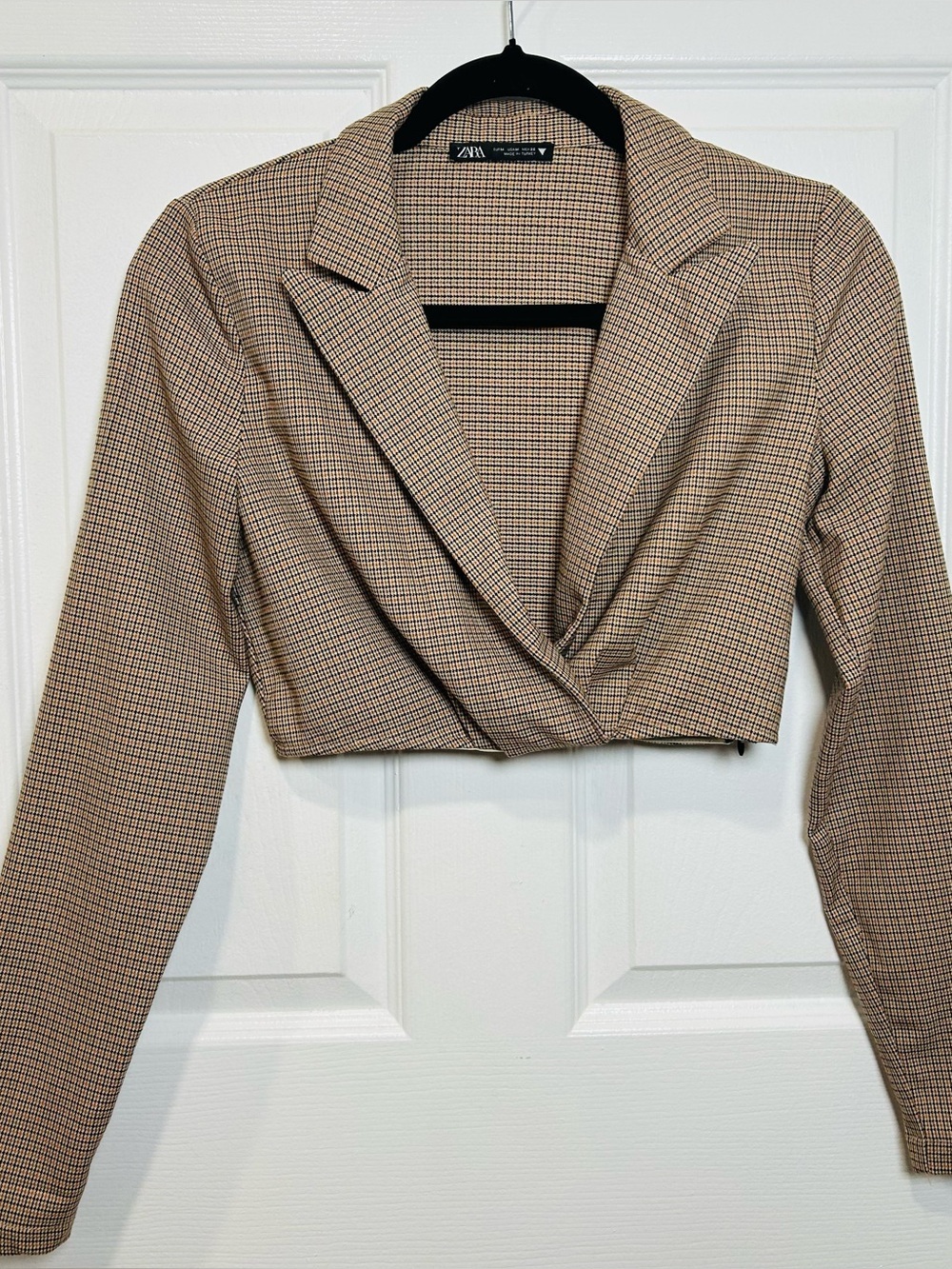 Zara Cropped Checked Collared Long-Sleeve Top in Tan and Black